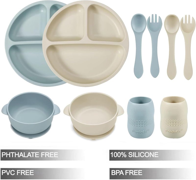 PandaEar طقم تغذية الأطفال من السيليكون | 2 طبق مسطح مقسم مع شفط + 2 وعاء مع شفط + 2 كوب صغير مع 2 ملعقة | أدوات التغذية الذاتية للأطفال (أزرق أبيض) - Image 2